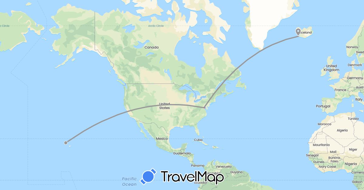 TravelMap itinerary: driving, plane, train in Iceland, United States (Europe, North America)