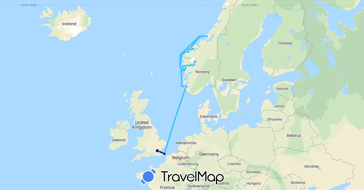 TravelMap itinerary: driving, boat in United Kingdom, Norway (Europe)