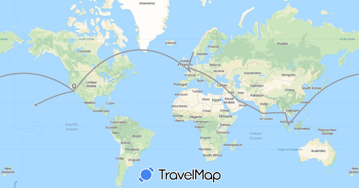 TravelMap itinerary: driving, plane in United Arab Emirates, Bahrain, France, United Kingdom, India, Japan, Norway, Singapore, Thailand, United States (Asia, Europe, North America)
